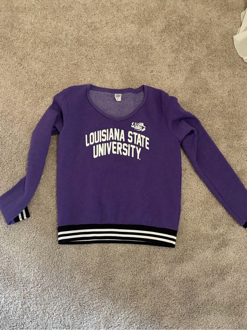Blue 84 Purple V-Neck LSU Sweater with Striped Hem